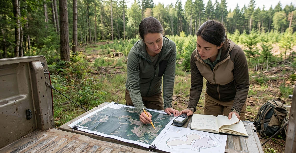 Carbon project team reviewing forest reference layers